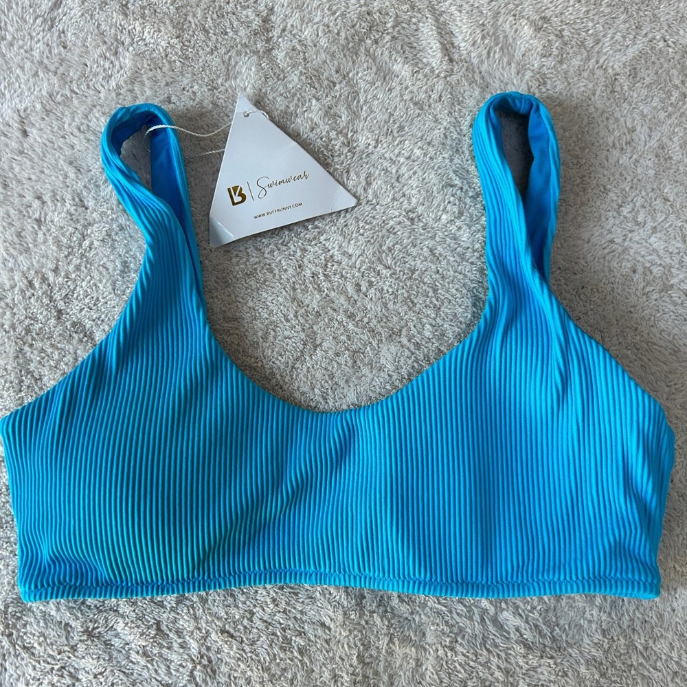 Buffbunny Collection Ribbed Bikini Top Turquoise Blue Scoop Neck Swim Small NWT